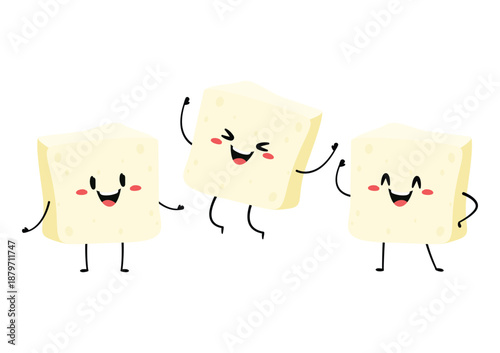 Cute tofu cartoon. Happy cute smiling funny tofu. character design. Vegetarian nutrition, healthy food.