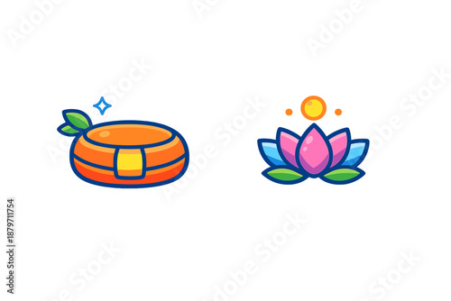 Vibrant Game Icons: Orange Pouch and Pink Lotus Flower