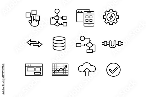 No-Code Icon Grid. No-Code Tools. Line outline icon set of no-code tools: drag and drop blocks, workflow