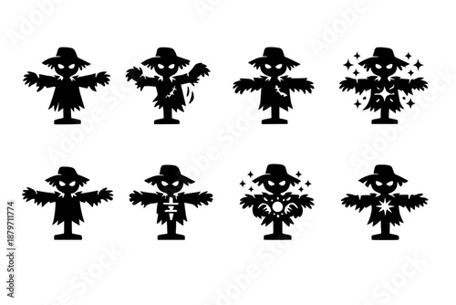  Living scarecrow. Filled icon set of Living scarecrow: animated straw man, glowing eyes,