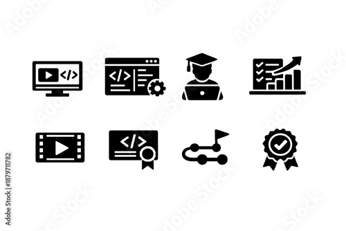  Online Coding Courses. Filled icon set of Online Coding Courses: online lesson video, coding