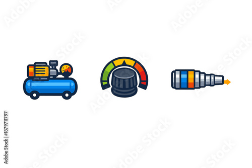 Three cartoon icons: air compressor, dial gauge, and telescope