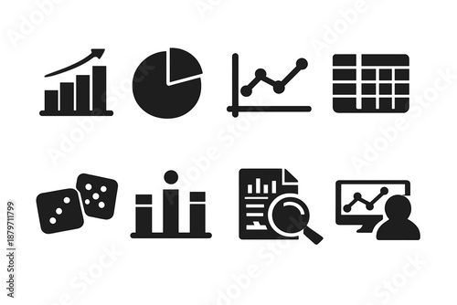 Statistics Icon Set. Statistics. Filled icon set of Statistics: bar chart, pie chart, line graph, data table,