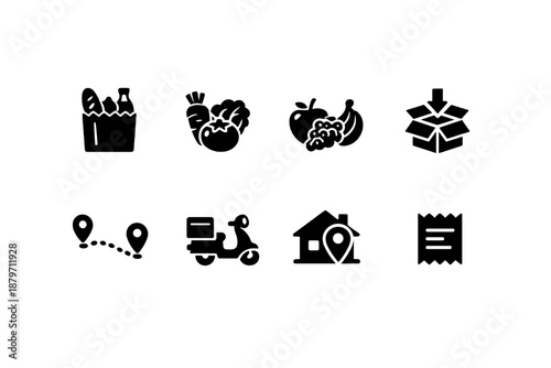 Grocery Delivery Icons. Grocery Delivery. Filled icon set of Grocery Delivery: grocery bag, vegetables, fruits