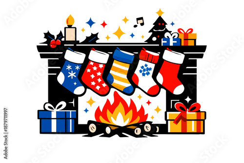 Festive Fireplace Scene. Christmas Fireplace Moment. A row of colorful stockings hanging over a bright fire,