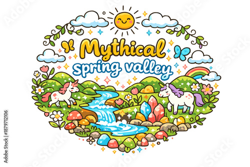  Mythical spring valley. Hand-drawn doodle illustration of Mythical spring valley. rolling