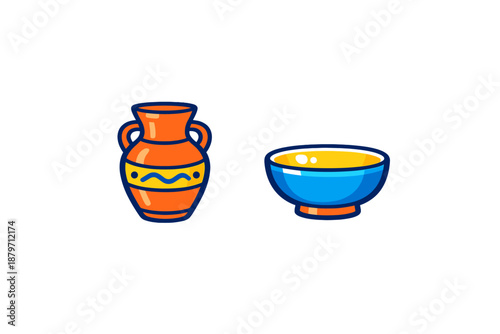 Cute cartoon amphora and bowl with glow effect