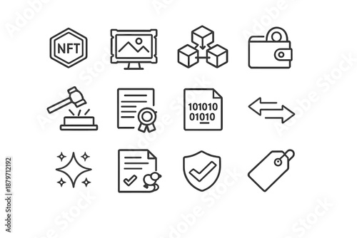NFT Icon Collection. NFTs. Line outline icon set of NFTs: NFT token, digital artwork frame, blockchain cube,
