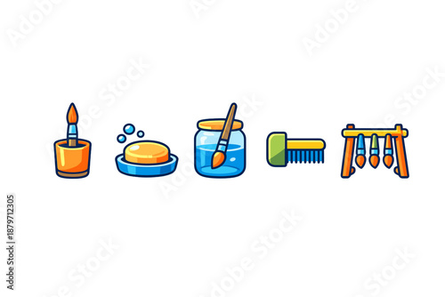 Artistic Supplies and Cleaning Icons on Dark Background