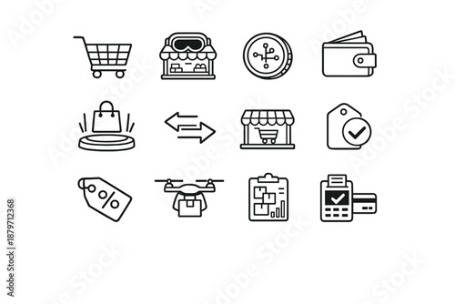 Metaverse Commerce Icons. Metaverse Commerce. Line outline icon set of metaverse commerce: shopping cart,