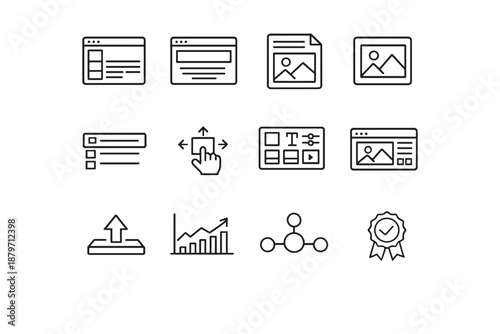 Website Builder Icons. Website Builders. Line outline icon set of website builders: web page layout, header
