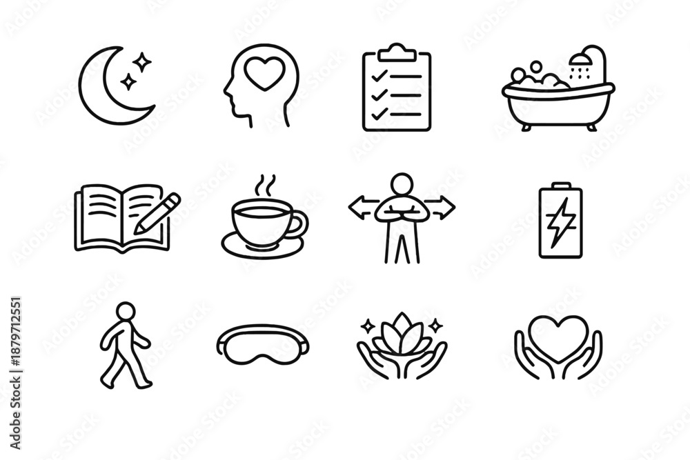 custom made wallpaper toronto digital Self care routine. Line outline icon set of Self care routine: rest moon, healthy mind, care