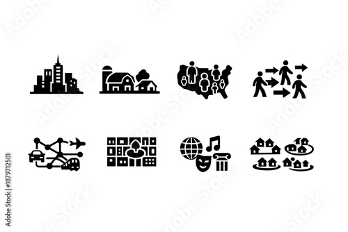 Human Geography. Filled icon set of Human Geography: city skyline, rural village, population
