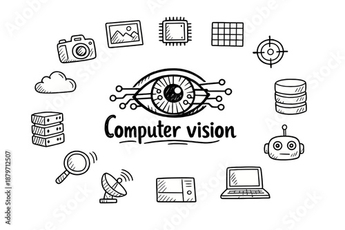  Computer vision. Hand-drawn doodle illustration of Computer vision. In the middle, one