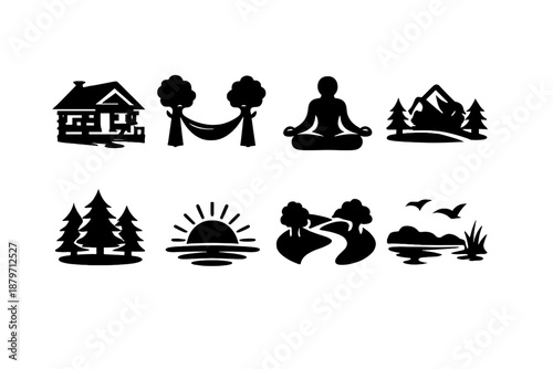 Nature Retreat Icons. Nature Retreat. Filled icon set of Nature Retreat: wooden cabin, hammock rest,