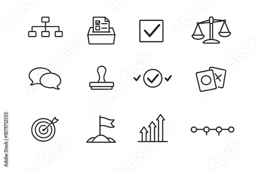 Decision Icons Set. Decision Making. Line outline icon set of decision making: decision tree, voting ballot,