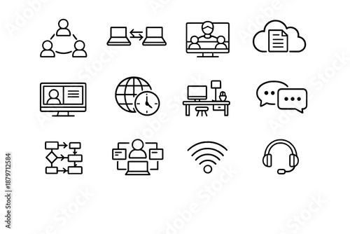  Remote Teamwork. Line outline icon set of remote teamwork: remote team users, laptop