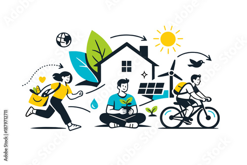  Minimalist eco living mindset. Abstract home and leaf shapes aligned cleanly, soft motion