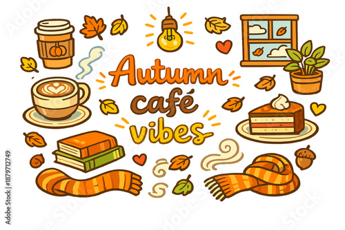  Autumn café vibes. Hand-drawn doodle illustration of Autumn café vibes. latte art, cup