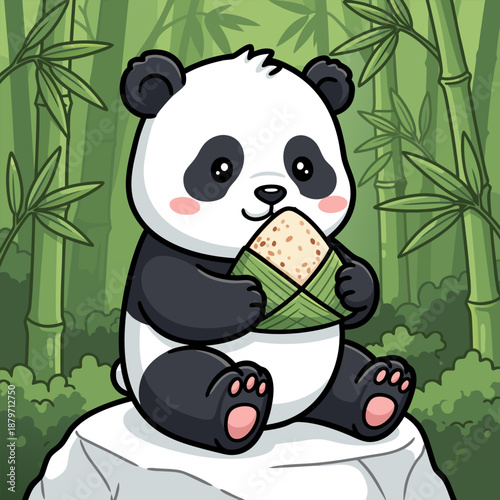 Cute baby panda happily eating traditional Chinese rice dumpling wrapped in bamboo leaves, surrounded by lush green bamboo forest