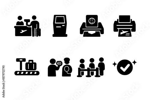 Airport Check-In Icons. Airport Check In. Filled icon set of Airport Check In: check in counter, self service