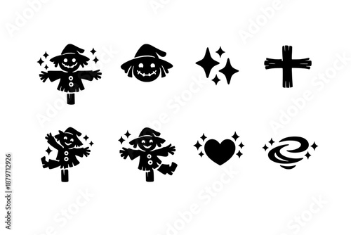  Whimsical enchanted scarecrow. Filled icon set of Whimsical enchanted scarecrow: friendly