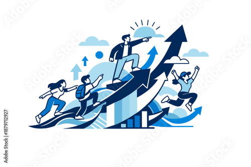  Collective future abstract art. Forward-moving arrows and abstract paths leading upward,