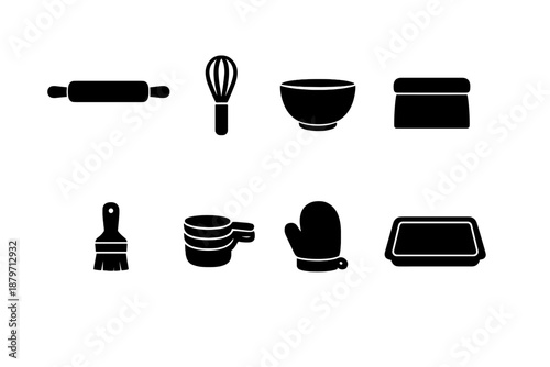 Bakery Tools Icons. Bakery Tools. Filled icon set of Bakery Tools: rolling pin, whisk, mixing bowl, dough