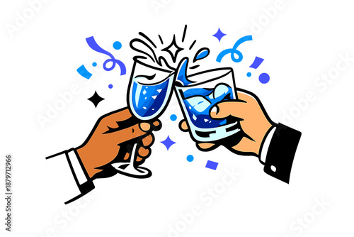 Celebratory Cheers. Cheers to New Beginnings. Two glasses clinking mid-air, liquid splashing lightly as