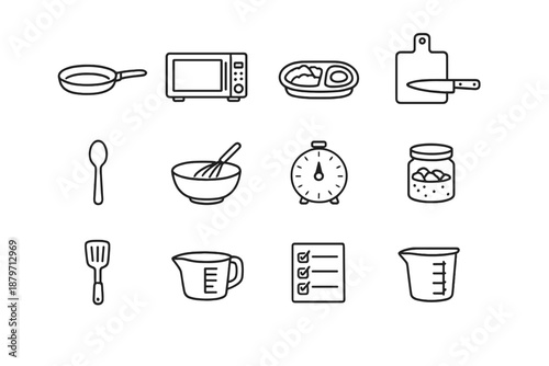 Quick Recipe Icons. Quick & Easy Recipes. Line outline icon set of quick & easy recipes: frying pan, microwave