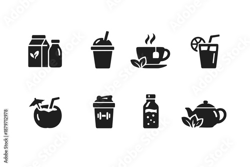 Vegan Drink Icons. Vegan Beverages. Filled icon set of Vegan Beverages: plant milk, smoothie cup, herbal tea,