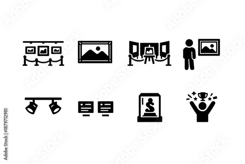  Art Exhibition. Filled icon set of Art Exhibition: gallery display, framed artwork,