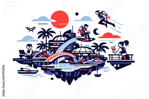  Cyberpunk island city. Floating platforms, neon bridges, and tropical plants fused with