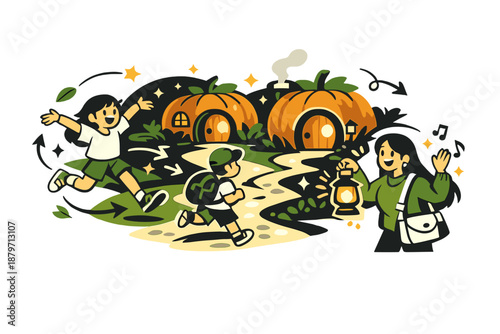  Pumpkin houses at dusk. Round doors glowing softly, winding paths between pumpkins, stars