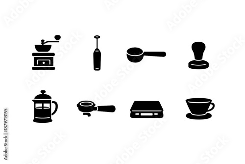 Coffee Accessories Icons. Coffee Accessories. Filled icon set of Coffee Accessories: coffee grinder, milk