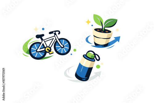  Eco lifestyle icons in space. Bicycle, plant, reusable bottle floating lightly, arranged