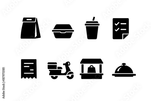 Takeaway Icons Set. Takeaway Orders. Filled icon set of Takeaway Orders: paper bag, food box, beverage cup,