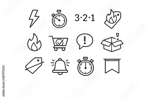 Flash Deals Icons. Flash Deals. Line outline icon set of flash deals: lightning bolt, timer clock, countdown