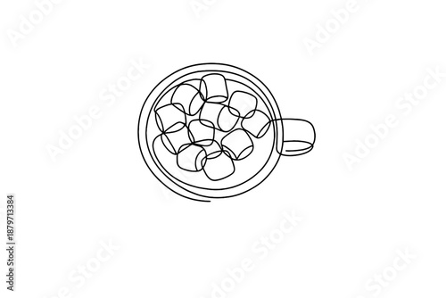 Minimalist Hot Chocolate Art. Cozy flat lay winter drink. Minimalistic one-line drawing hot chocolate with
