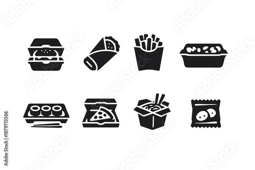 Takeaway Meals Icons. Takeaway Meals. Filled icon set of Takeaway Meals: burger box, sandwich wrap, fries