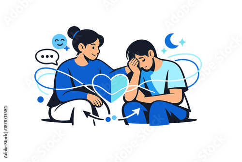 Emotional support and care. Two people sitting side by side, one gently listening, abstract