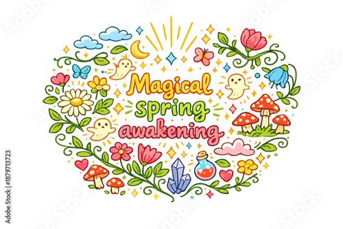  Magical spring awakening. Hand-drawn doodle illustration of Magical spring awakening.