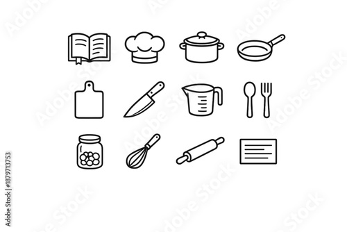 Culinary Icon Set. Recipes. Line outline icon set of recipes: recipe book, chef hat, cooking pot, frying pan,