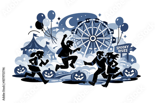  Halloween night carnival. Glowing ferris wheel under a crescent moon, pumpkins lighting the