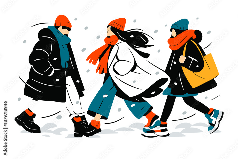 Fototapeta premium Snowy Street Style. Street Style in Snow. Models captured mid-step, oversized coats and knit hats styled