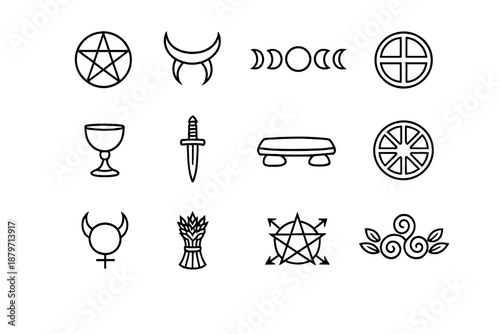  Pagan symbols. Line outline icon set of Pagan symbols: pentacle, horned symbol, moon phases,