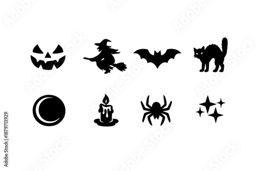  Old school Halloween art. Filled icon set of Old school Halloween art: jack o lantern face,