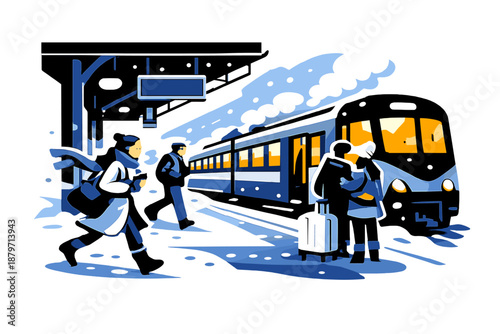 Winter Train Station Scene. Train Station Winter Mood. A quiet platform dusted with snow, a train waiting as