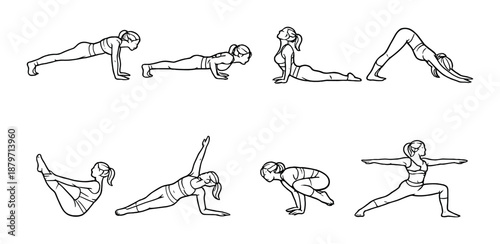 Female yoga poses: plank, cobra, downward dog, boat, side plank, crow, warrior