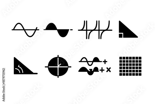 Trigonometry Icon Set. Trigonometry. Filled icon set of Trigonometry: sine wave, cosine wave, tangent graph,